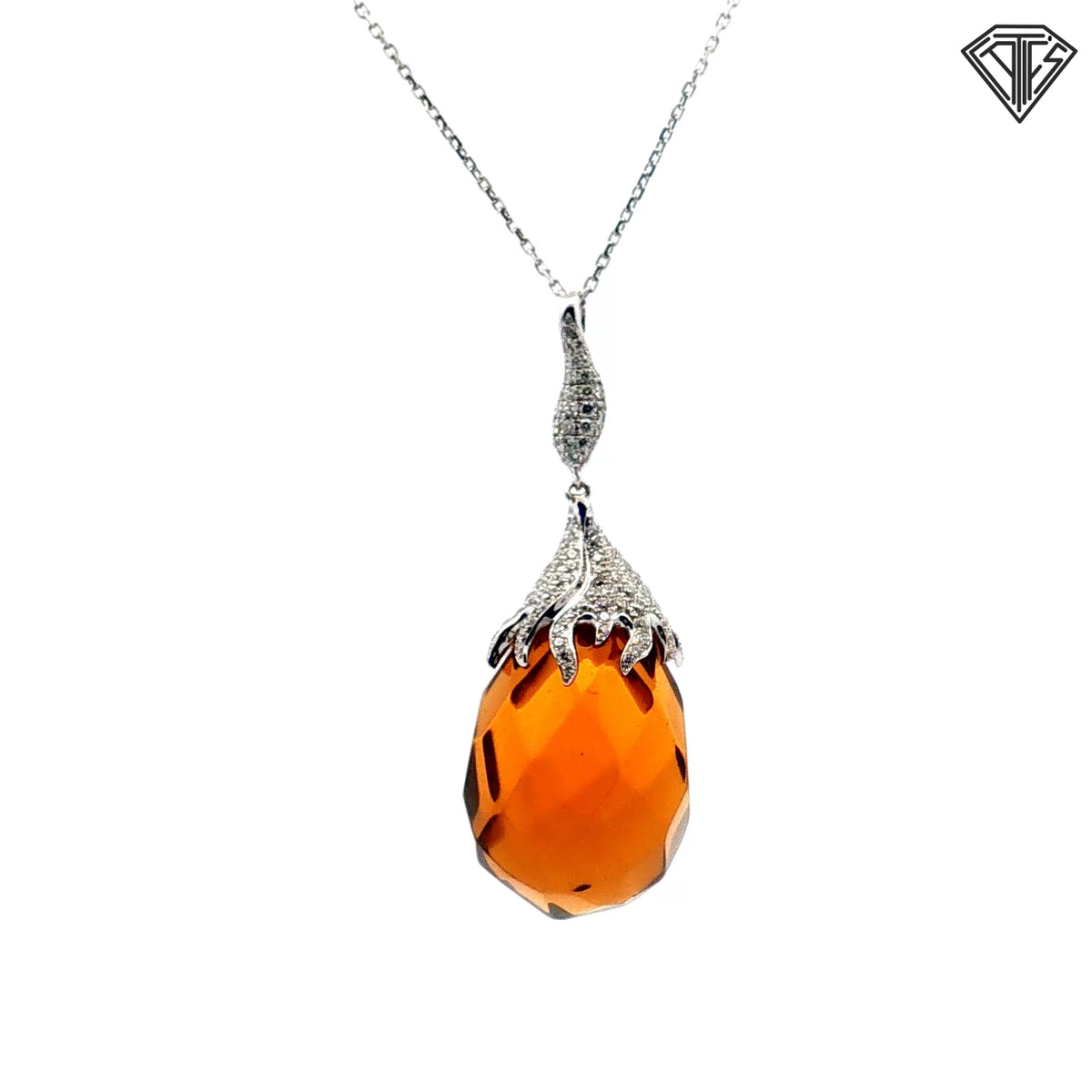 18k White Gold .70ct F VS2 Round Diamond with Briolette Cut Orange Glass Pendant Design By Tara T & S