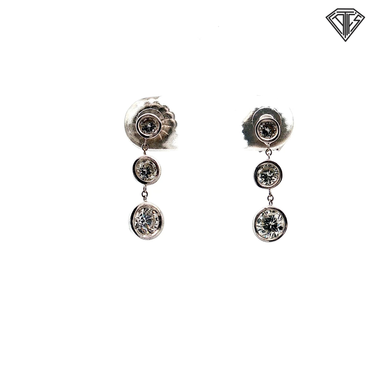 14k White Gold .60ct G VS2 (3) Round Diamond Bezel Set Drop/Dangle Earrings