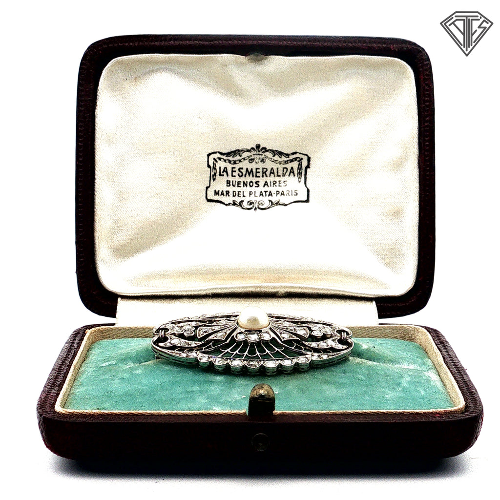 Platinum / Mid 19th Century Natural Pearl and Rose Cut Pin Approximately 1.50ct in Rose Cuts and Pin on Back Is 18k Yellow Gold Brooch /With Original Box