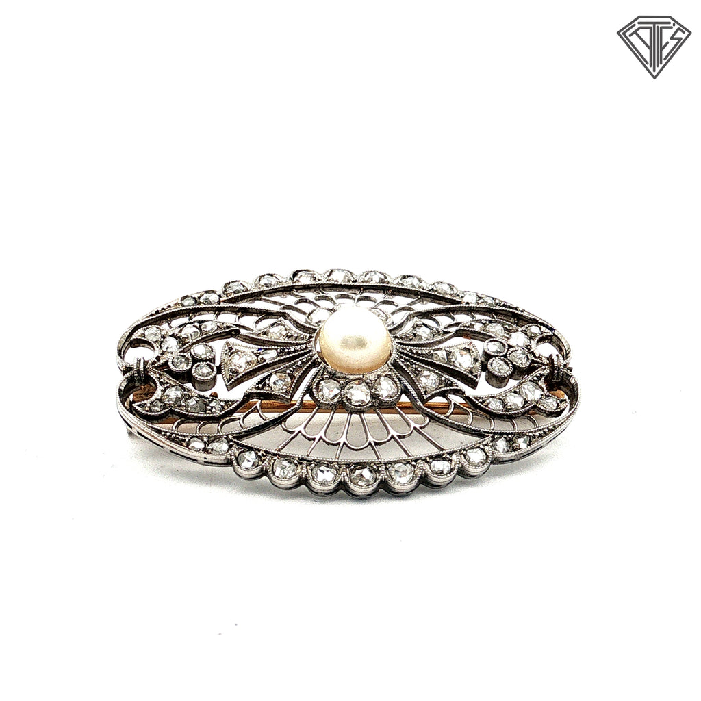 Platinum / Mid 19th Century Natural Pearl and Rose Cut Pin Approximately 1.50ct in Rose Cuts and Pin on Back Is 18k Yellow Gold Brooch /With Original Box