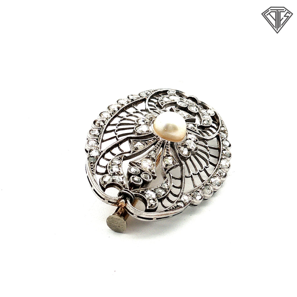 Platinum / Mid 19th Century Natural Pearl and Rose Cut Pin Approximately 1.50ct in Rose Cuts and Pin on Back Is 18k Yellow Gold Brooch /With Original Box