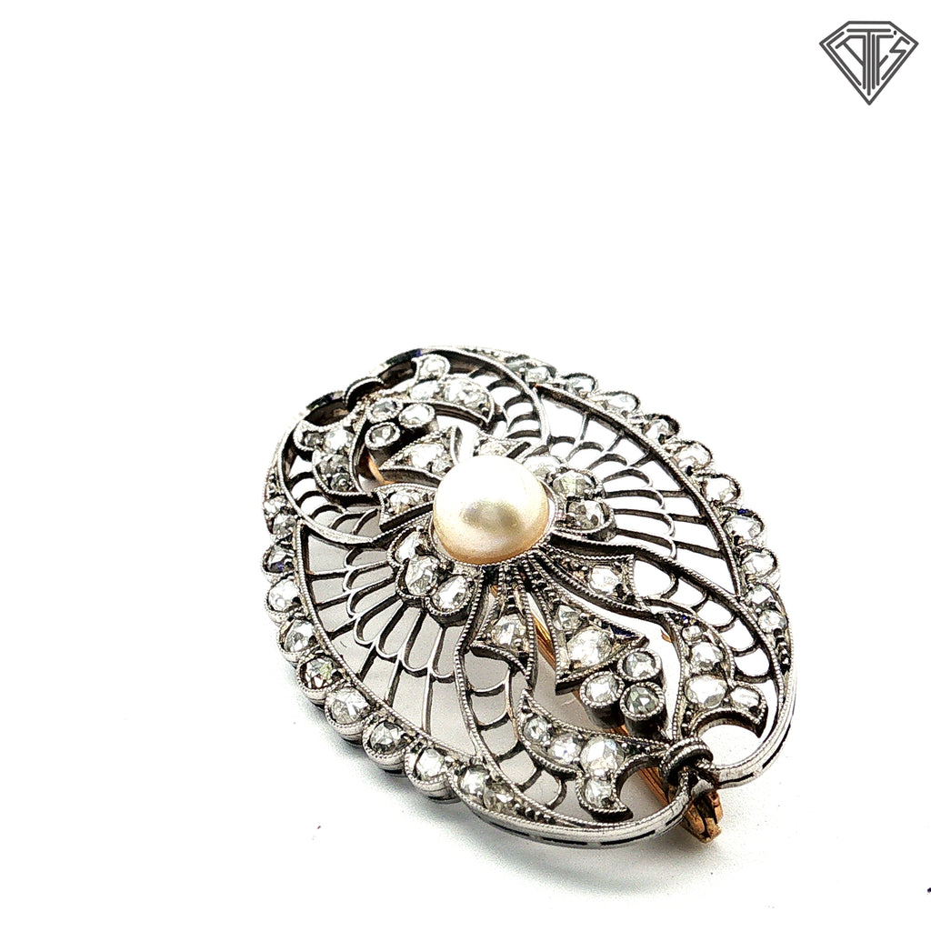 Platinum / Mid 19th Century Natural Pearl and Rose Cut Pin Approximately 1.50ct in Rose Cuts and Pin on Back Is 18k Yellow Gold Brooch /With Original Box