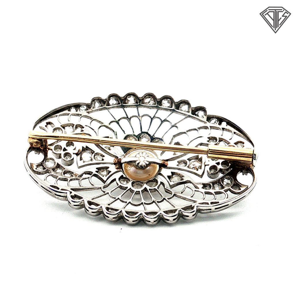 Platinum / Mid 19th Century Natural Pearl and Rose Cut Pin Approximately 1.50ct in Rose Cuts and Pin on Back Is 18k Yellow Gold Brooch /With Original Box