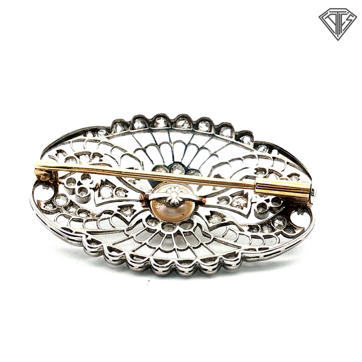Platinum / Mid 19th Century Natural Pearl and Rose Cut Pin Approximately 1.50ct in Rose Cuts and Pin on back is 18k Yellow Gold Brooch /with Original Box