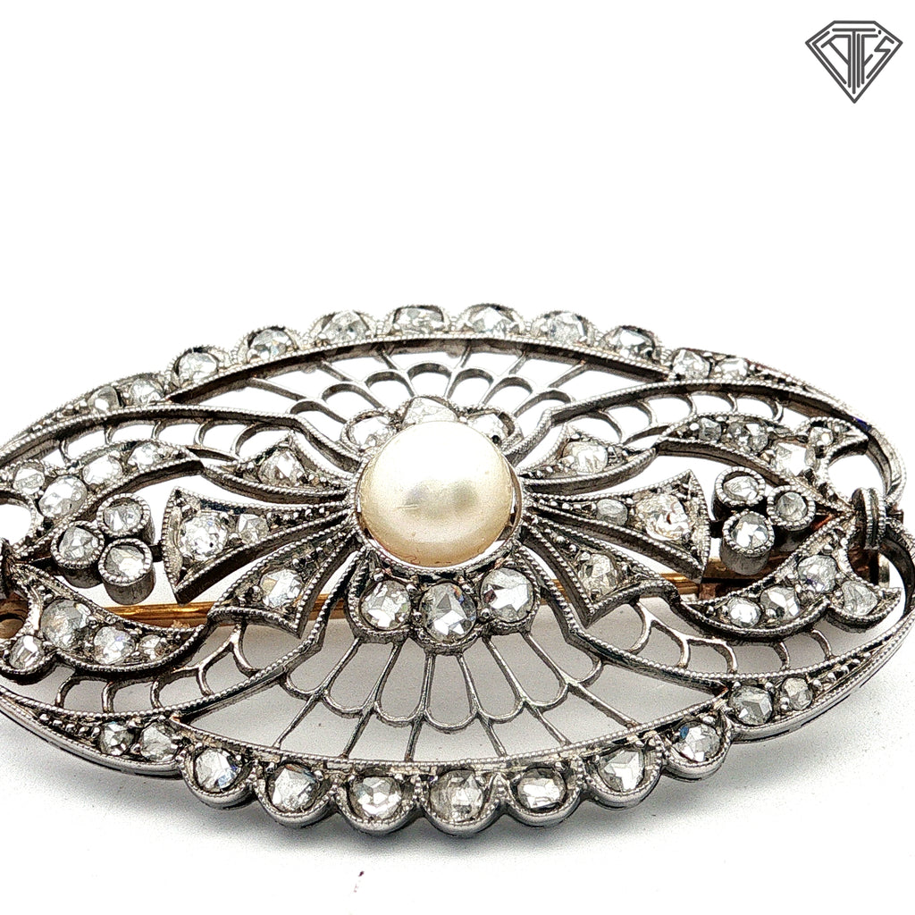 Platinum / Mid 19th Century Natural Pearl and Rose Cut Pin Approximately 1.50ct in Rose Cuts and Pin on Back Is 18k Yellow Gold Brooch /With Original Box