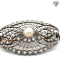 Platinum / Mid 19th Century Natural Pearl and Rose Cut Pin Approximately 1.50ct in Rose Cuts and Pin on Back Is 18k Yellow Gold Brooch /With Original Box