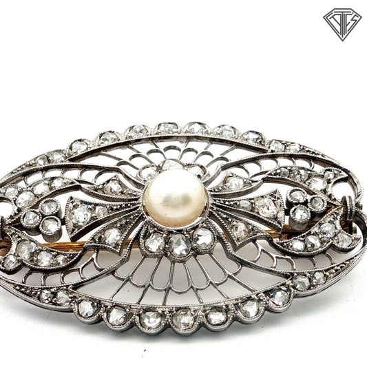 Platinum / Mid 19th Century Natural Pearl and Rose Cut Pin Approximately 1.50ct in Rose Cuts and Pin on Back Is 18k Yellow Gold Brooch /With Original Box