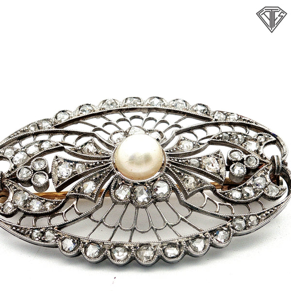Platinum / Mid 19th Century Natural Pearl and Rose Cut Pin Approximately 1.50ct in Rose Cuts and Pin on Back Is 18k Yellow Gold Brooch /With Original Box