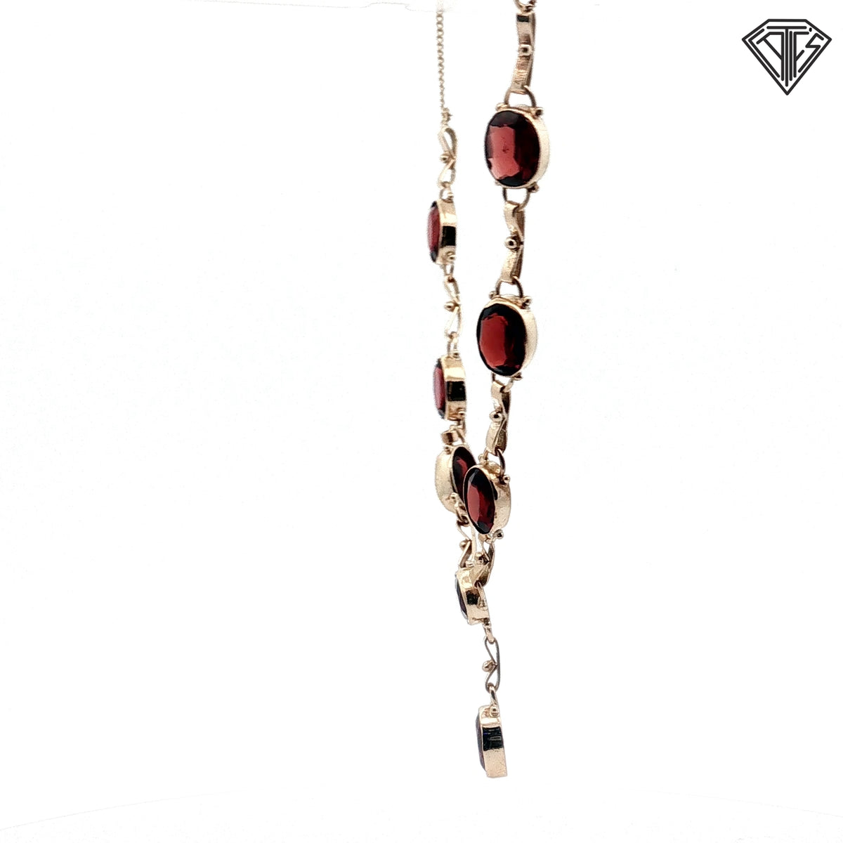 14k Yellow Gold (8) Oval Garnet Stone 9x7 Bezel Set Vintage Necklace 16"