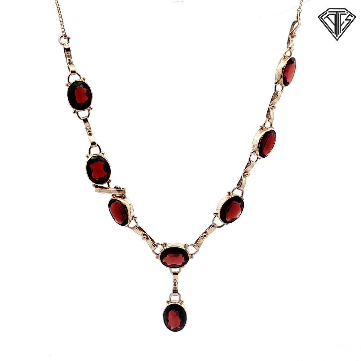 14k Yellow Gold (8) Oval Garnet Stone 9x7 Bezel Set Vintage Necklace 16"
