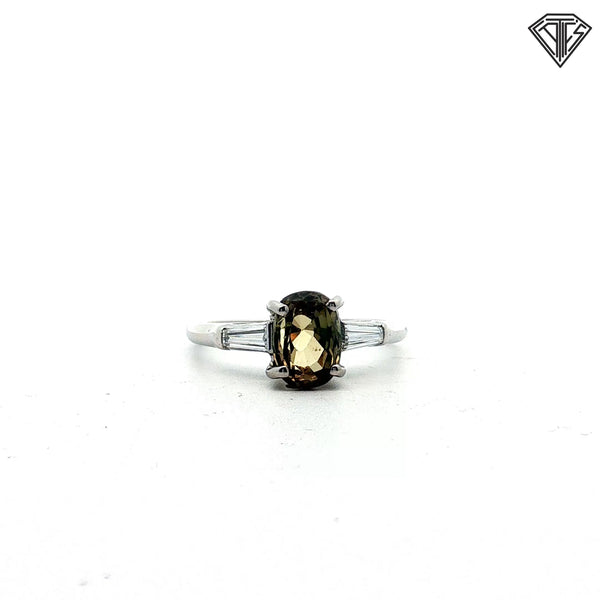 Platinum 2.02ct Oval Alexandrite / .25ct G VS2 Tapered Baguette Diamond on the Side Ring Size 6.5 Certified by GIA #2233998258