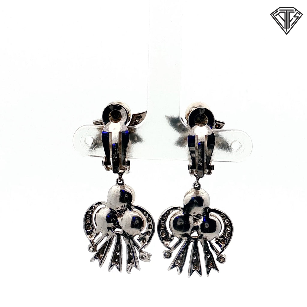 14k White Gold .75ct Round Single Cut Diamond / Pearl Clip-On and Drop Earrings / Vintage-Mid Century