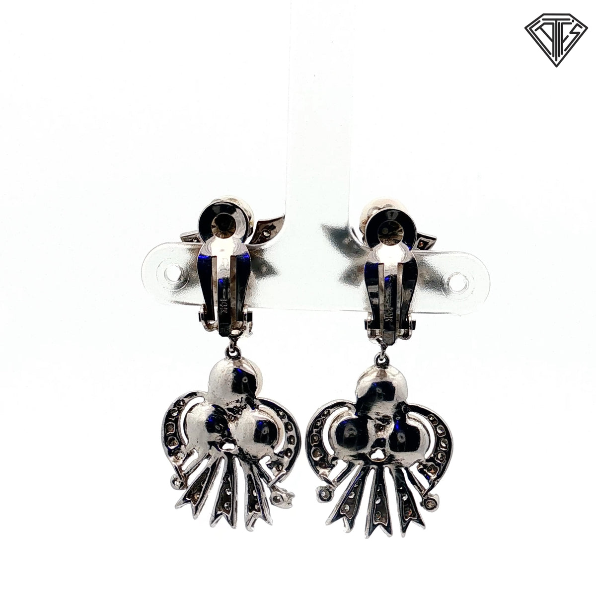 14k White Gold .75ct Round Single Cut Diamond / Pearl Clip-On and Drop Earrings / Vintage-Mid Century