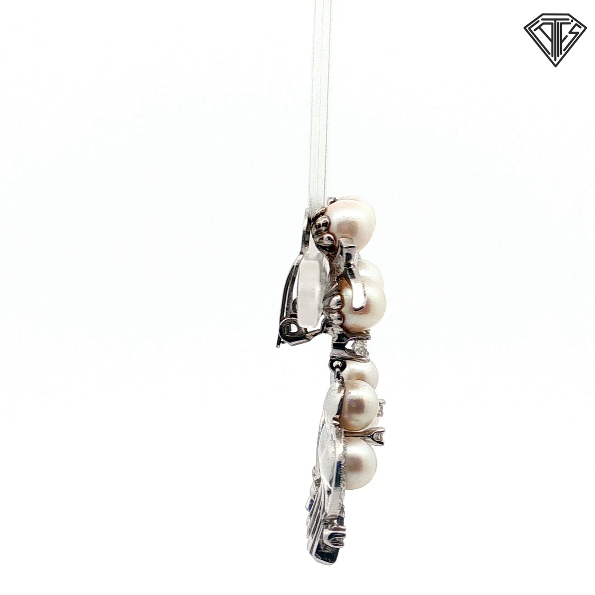 14k White Gold .75ct Round Single Cut Diamond / Pearl Clip-On and Drop Earrings / Vintage-Mid Century