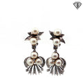 14k White Gold .75ct Round Single Cut Diamond / Pearl Clip-On and Drop Earrings / Vintage-Mid Century