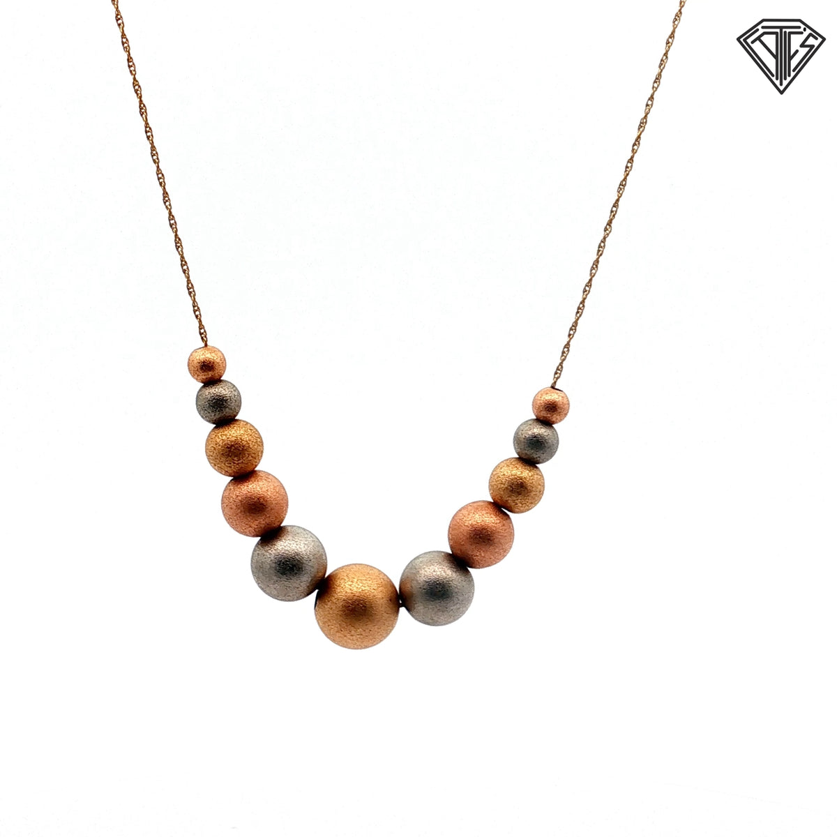14k Yellow Gold Tri-Color Beaded Gradated Necklace 18"