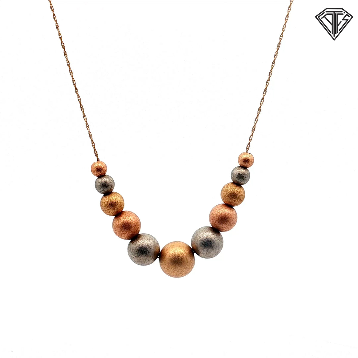14k Yellow Gold Tri-Color Beaded Gradated Necklace 18"