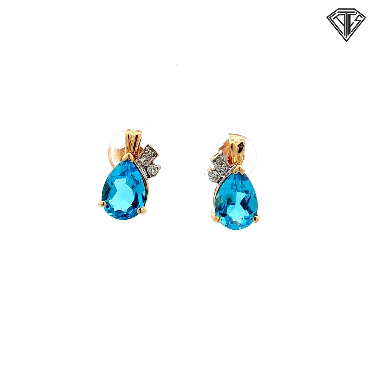 14k Yellow Gold 2.00ct Pear Shaped Blue Topaz/ .10ct G VS2 Round Diamond Stud Earrings