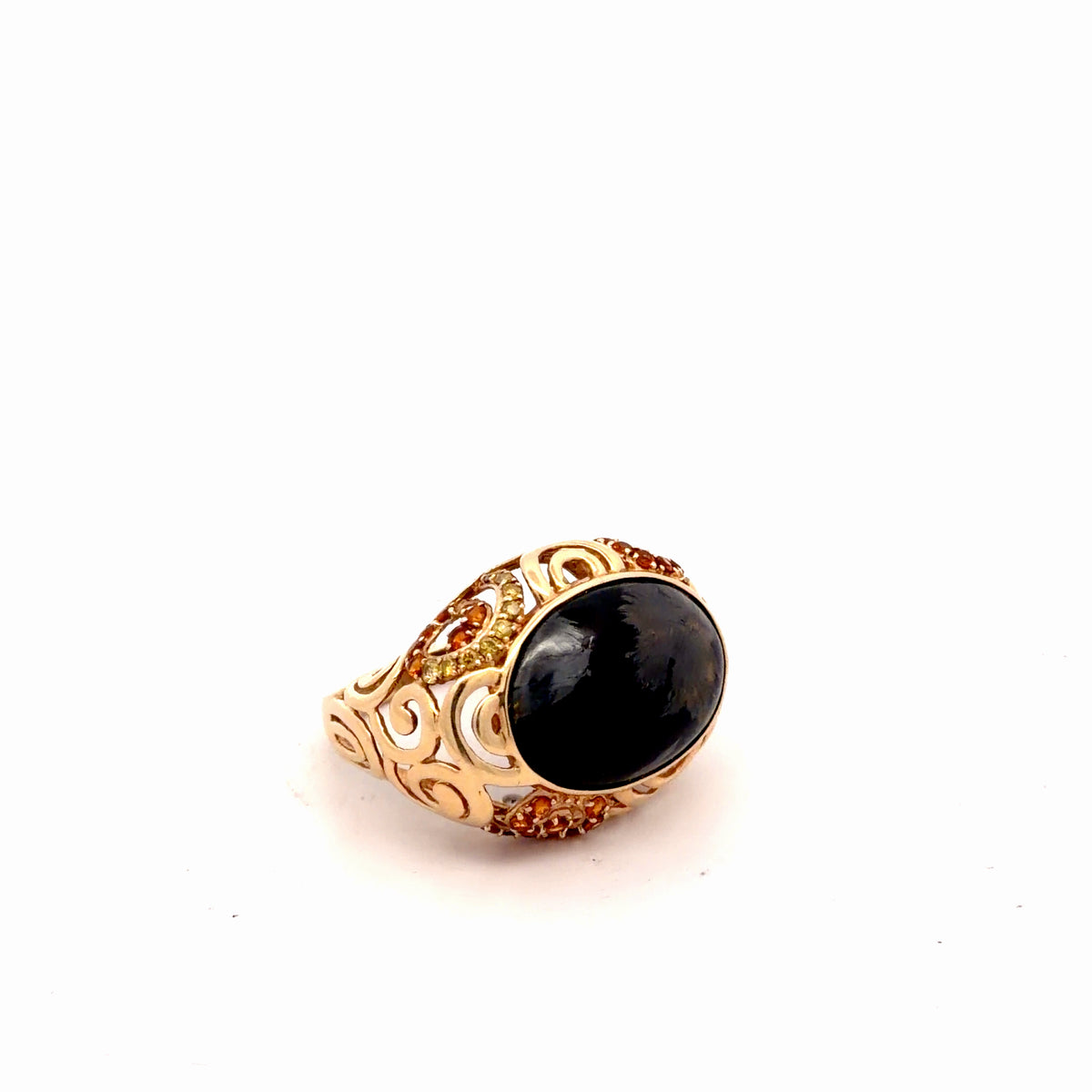 14k Yellow Gold .50ct Round Citrine/ Yellow Sapphire and Obsidian Geometric Design Size 8