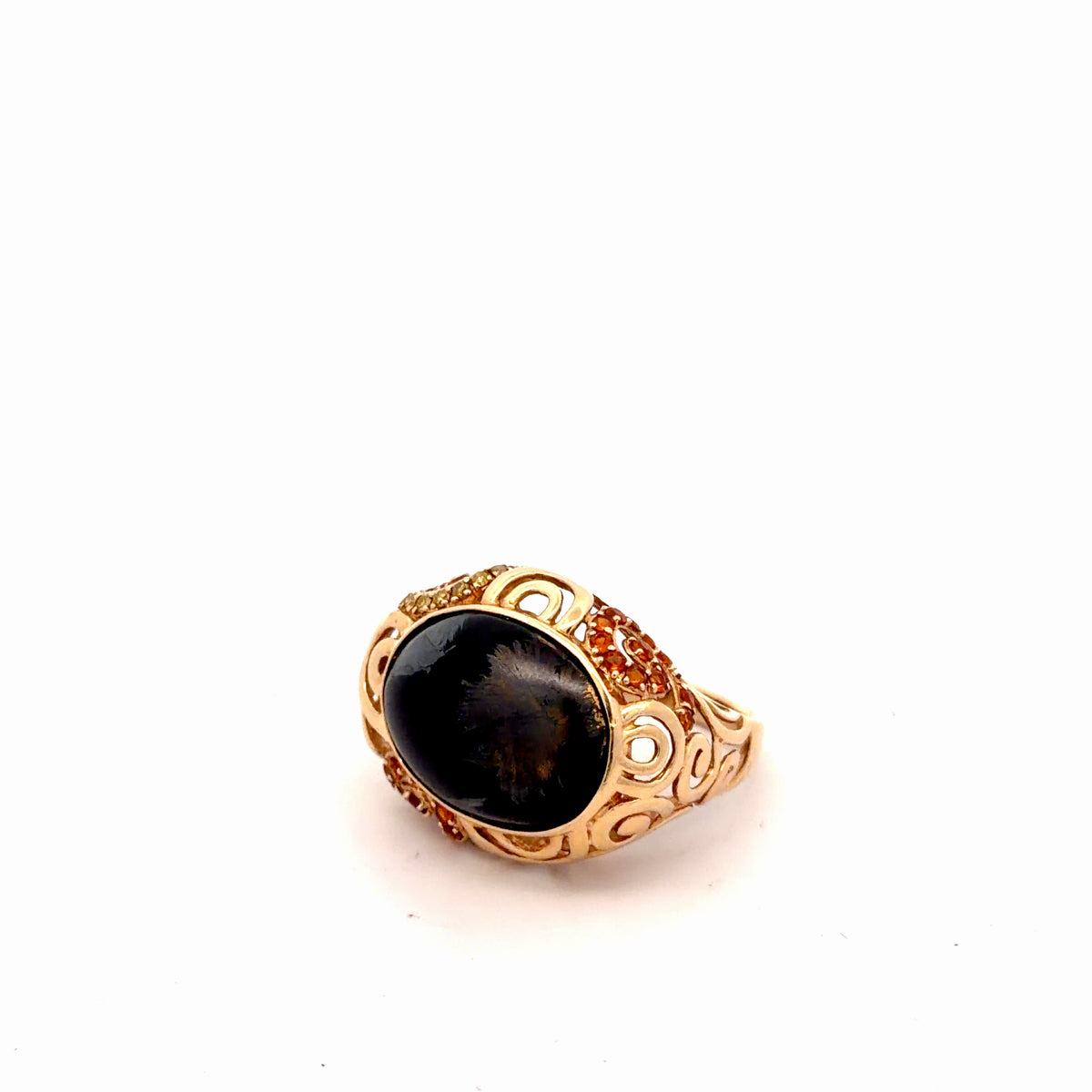 14k Yellow Gold .50ct Round Citrine/ Yellow Sapphire and Obsidian Geometric Design Size 8