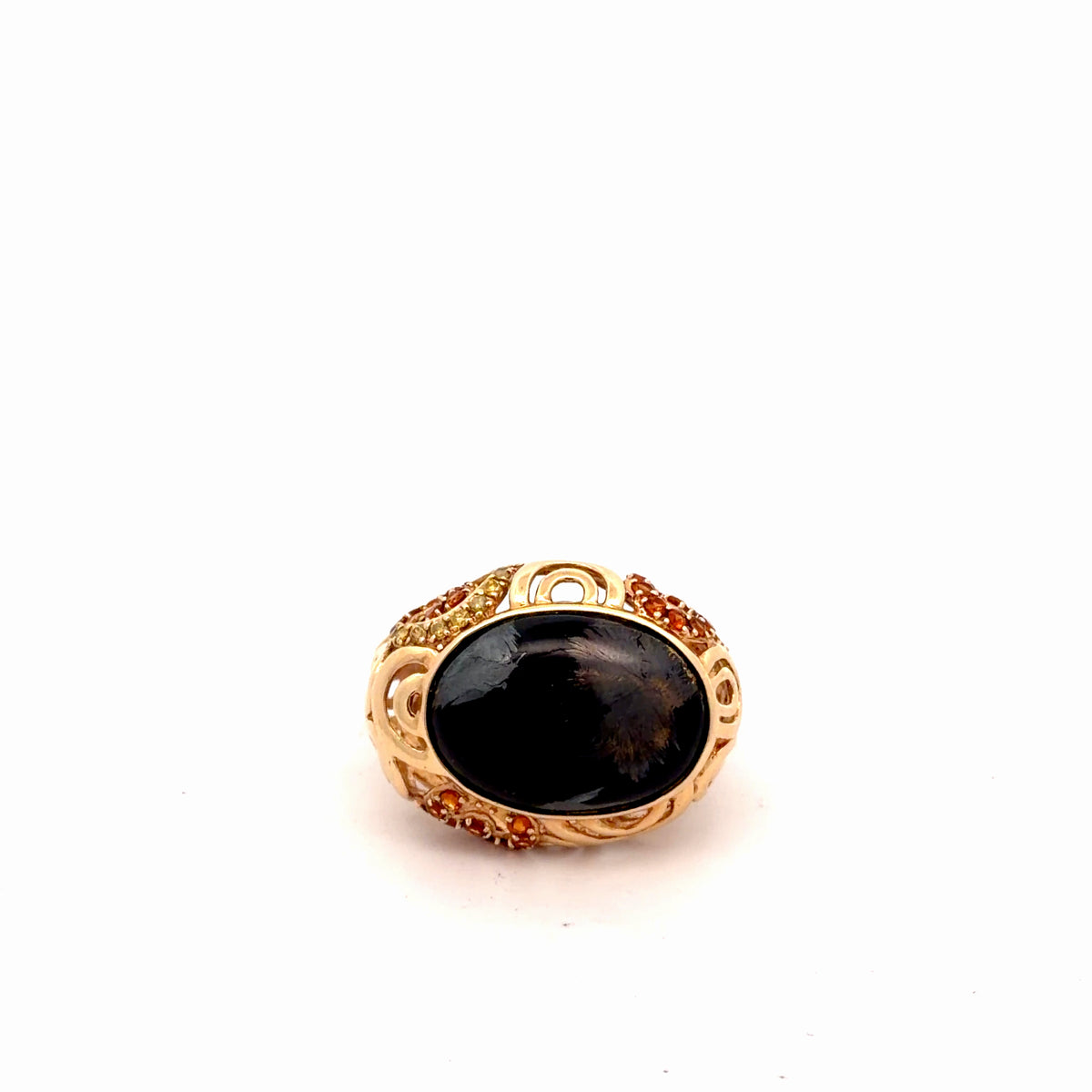 14k Yellow Gold .50ct Round Citrine/ Yellow Sapphire and Obsidian Geometric Design Size 8
