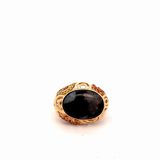 14k Yellow Gold .50ct Round Citrine/ Yellow Sapphire and Obsidian Geometric Design Size 8