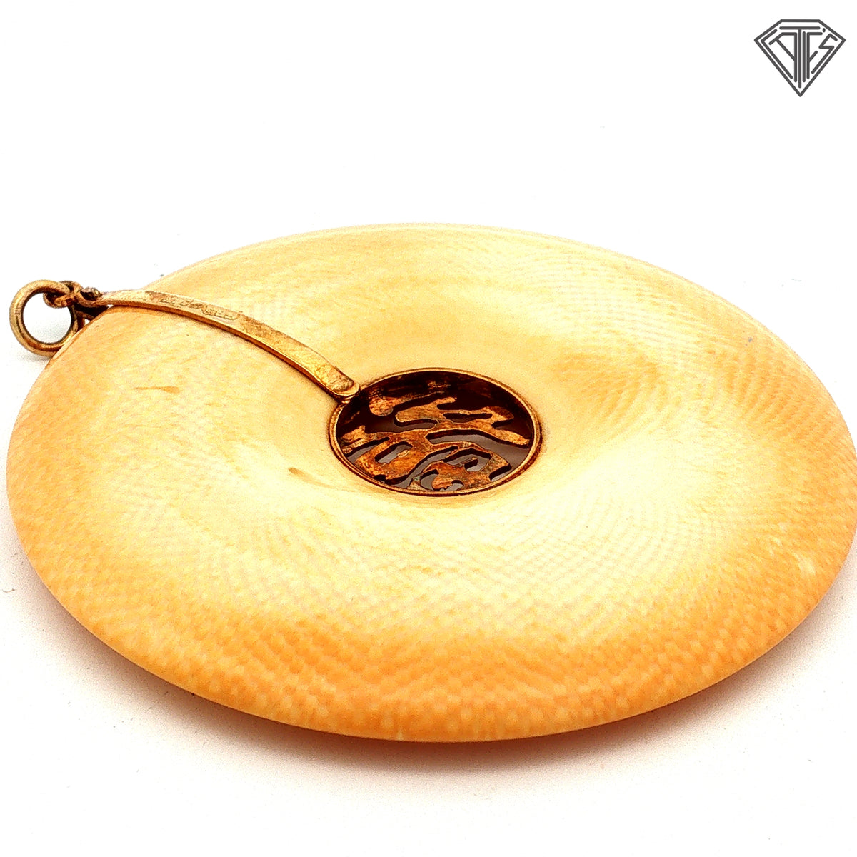 14k Yellow Gold Chinese "Fu"(Meaning Good Fortune) Bone Disc Pendant Vintage 2.25 inches