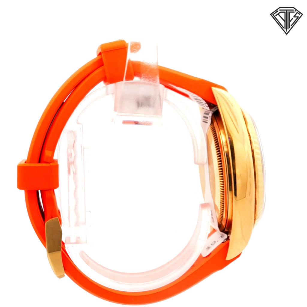 Pre-Owned Rolex Presidential 18k Yellow Gold Case /Fluted Bezel /Silver Sun Burst Dial/ Roman Numeral / Automatic / Day and Date / 36mm / Horus Orange Rubber Strap Watch Ref:1803