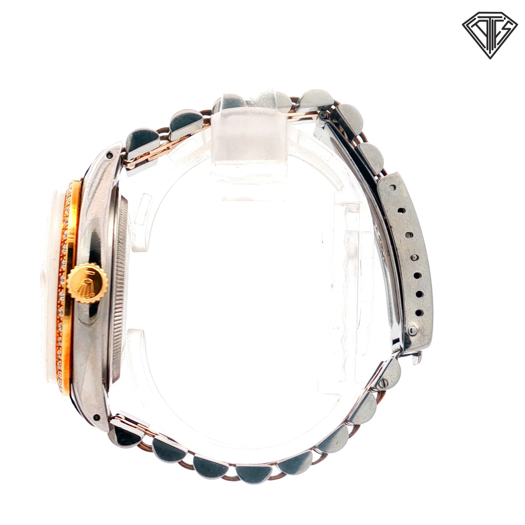 Pre-Owned Rolex DateJust Two-Tone 18k Yellow Gold and Stainless Steel/ Jubilec Band/ Mother of Pearl Dial / Diamond Hour Mark/ Pave Diamond Bezel/ 36mm /Automatic Movement/ Sapphire Crystal/ Ref: 16233