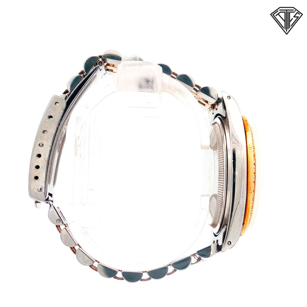 Pre-Owned Rolex DateJust Two-Tone 18k Yellow Gold and Stainless Steel/ Jubilec Band/ Mother of Pearl Dial / Diamond Hour Mark/ Pave Diamond Bezel/ 36mm /Automatic Movement/ Sapphire Crystal/ Ref: 16233