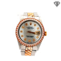 Pre-Owned Rolex DateJust Two-Tone 18k Yellow Gold and Stainless Steel/ Jubilec Band/ Mother of Pearl Dial / Diamond Hour Mark/ Pave Diamond Bezel/ 36mm /Automatic Movement/ Sapphire Crystal/ Ref: 16233