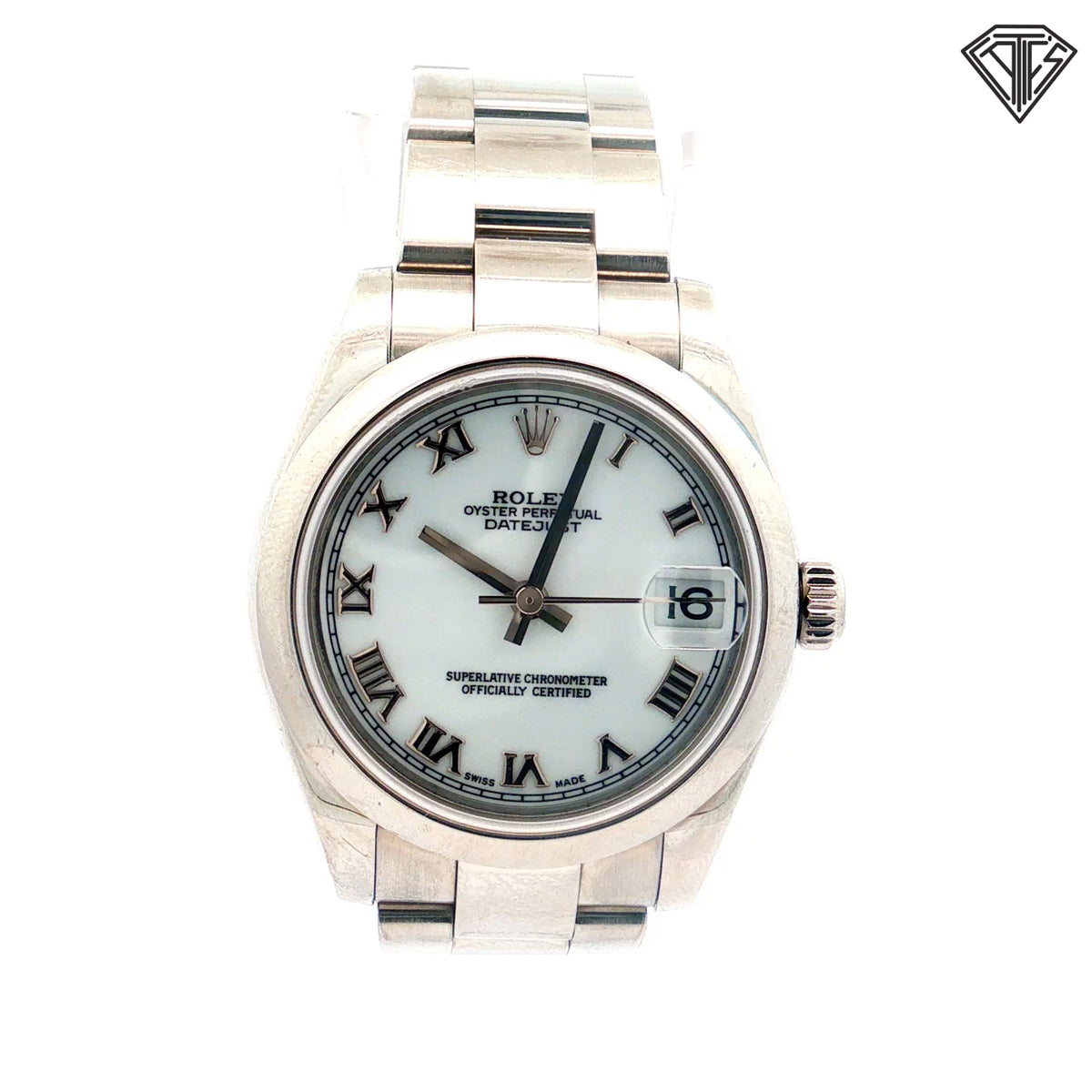 Pre-Owned Rolex Date Just /White Dial / 31mm/ Automatic Movement/ Roman Number Dial/ Sapphire Crystal/ Stainless Steel/ Oyster Band/ Ref# 178240