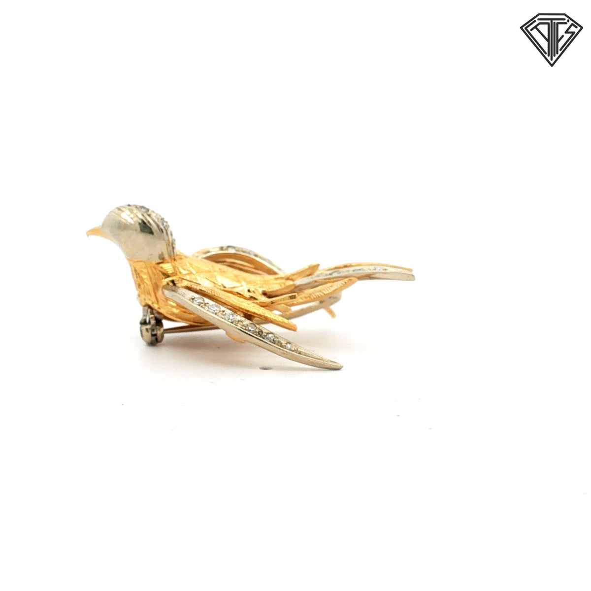 18k Two Tone .20ct Round Single Cut with Ruby Accented Eye Dove Brooch 10 gram