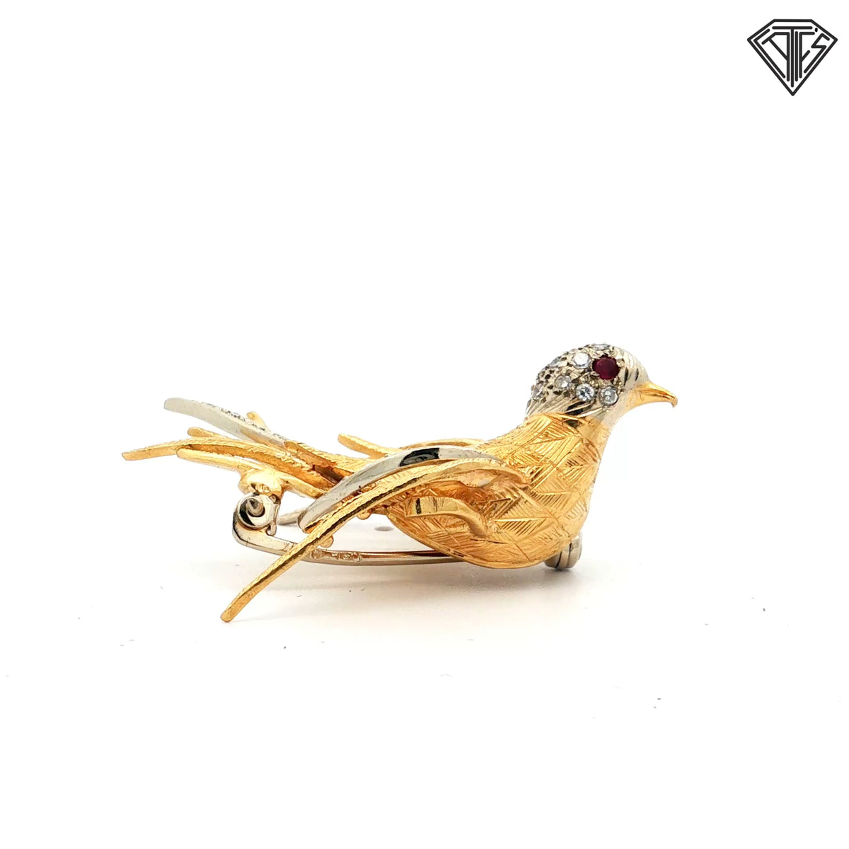 18k Two Tone .20ct Round Single Cut with Ruby Accented Eye Dove Brooch 10 gram