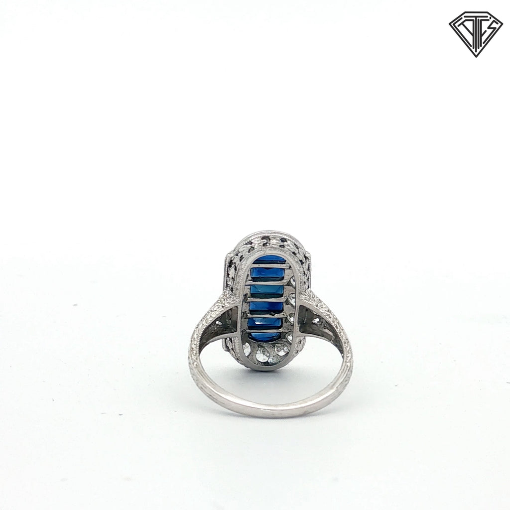 Platinum 1.00ct F VS1 Round Old European / 1.00ct Calibre Cut Blue Sapphire Size 3.75 /Original Art Deco Circa 1920's