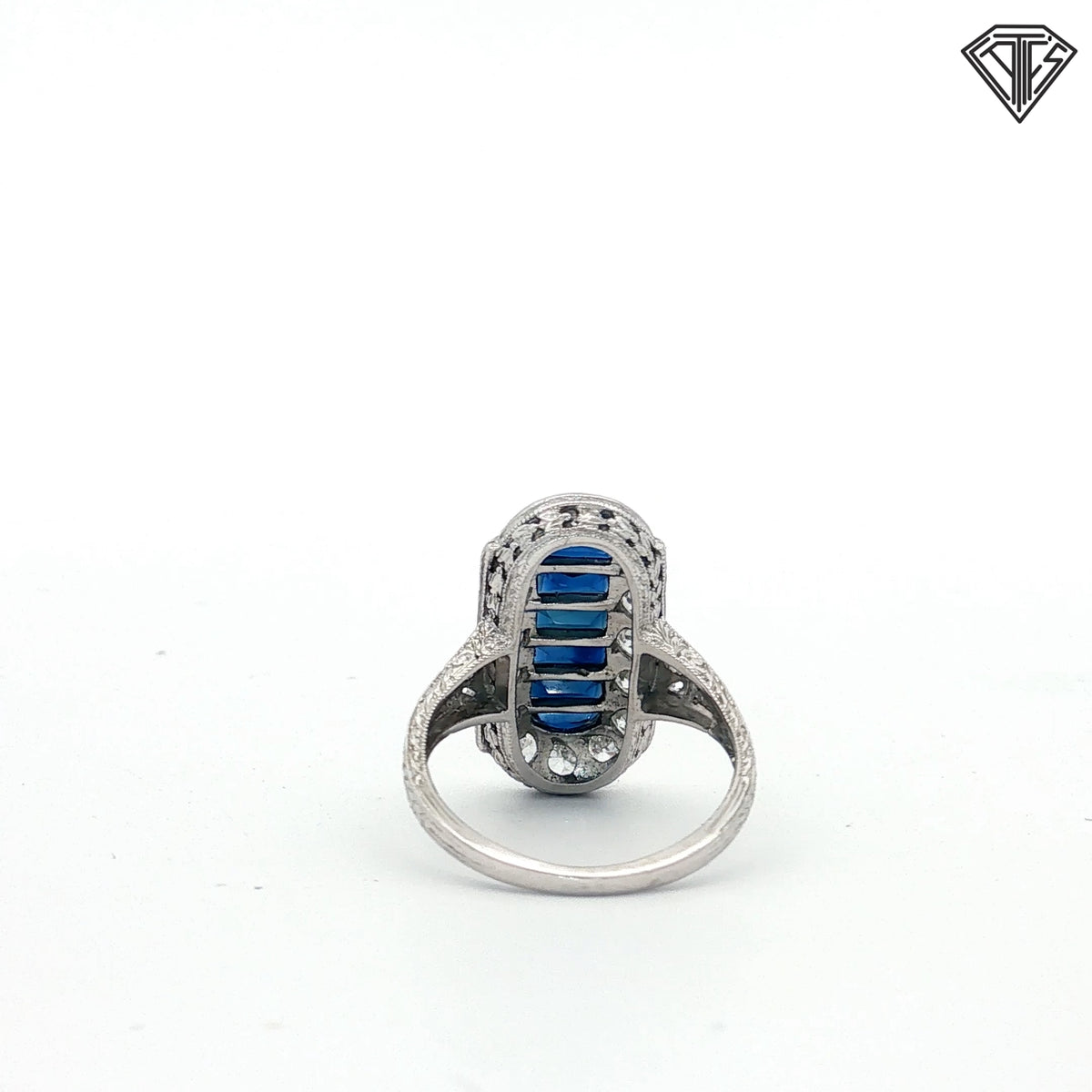 Platinum 1.00ct F VS1 Round Old European / 1.00ct Calibre Cut Blue Sapphire Size 3.75 /Original Art Deco Circa 1920's