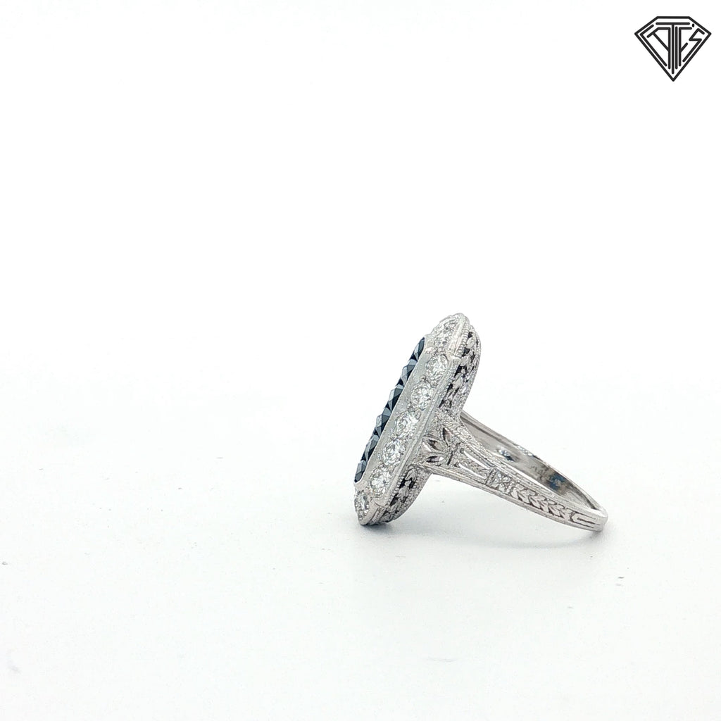 Platinum 1.00ct F VS1 Round Old European / 1.00ct Calibre Cut Blue Sapphire Size 3.75 /Original Art Deco Circa 1920's