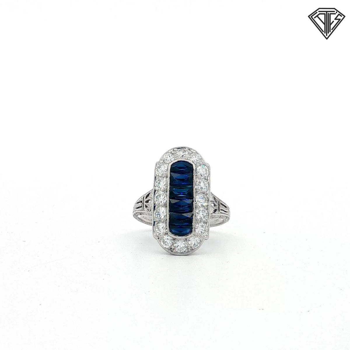 Platinum 1.00ct F VS1 Round Old European / 1.00ct Calibre Cut Blue Sapphire Size 3.75 /Original Art Deco Circa 1920's