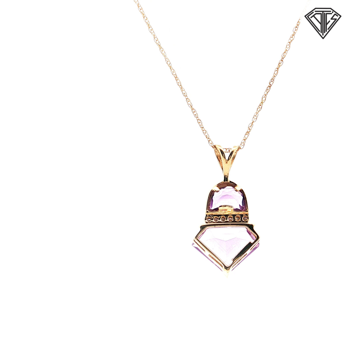 14k Yellow Gold Half  Moon Amethyst and Diamond Shape Amethyst with Accent Round Diamond Pendant  3 gram  18"inch