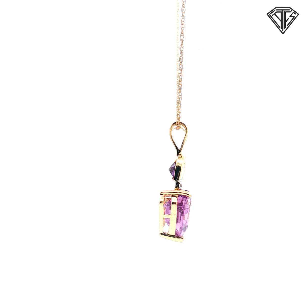 14k Yellow Gold Half  Moon Amethyst and Diamond Shape Amethyst with Accent Round Diamond Pendant  3 gram  18"inch
