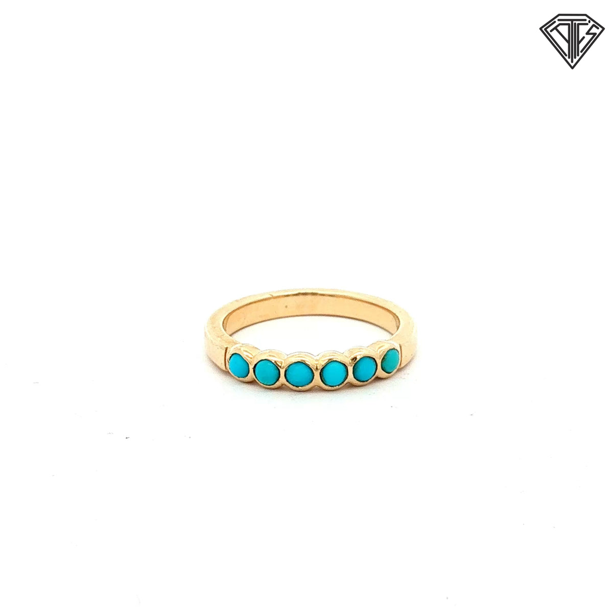 14k Yellow Gold (6) Round Turquoise Bezel Set Band Size 6.5  3.4 gram