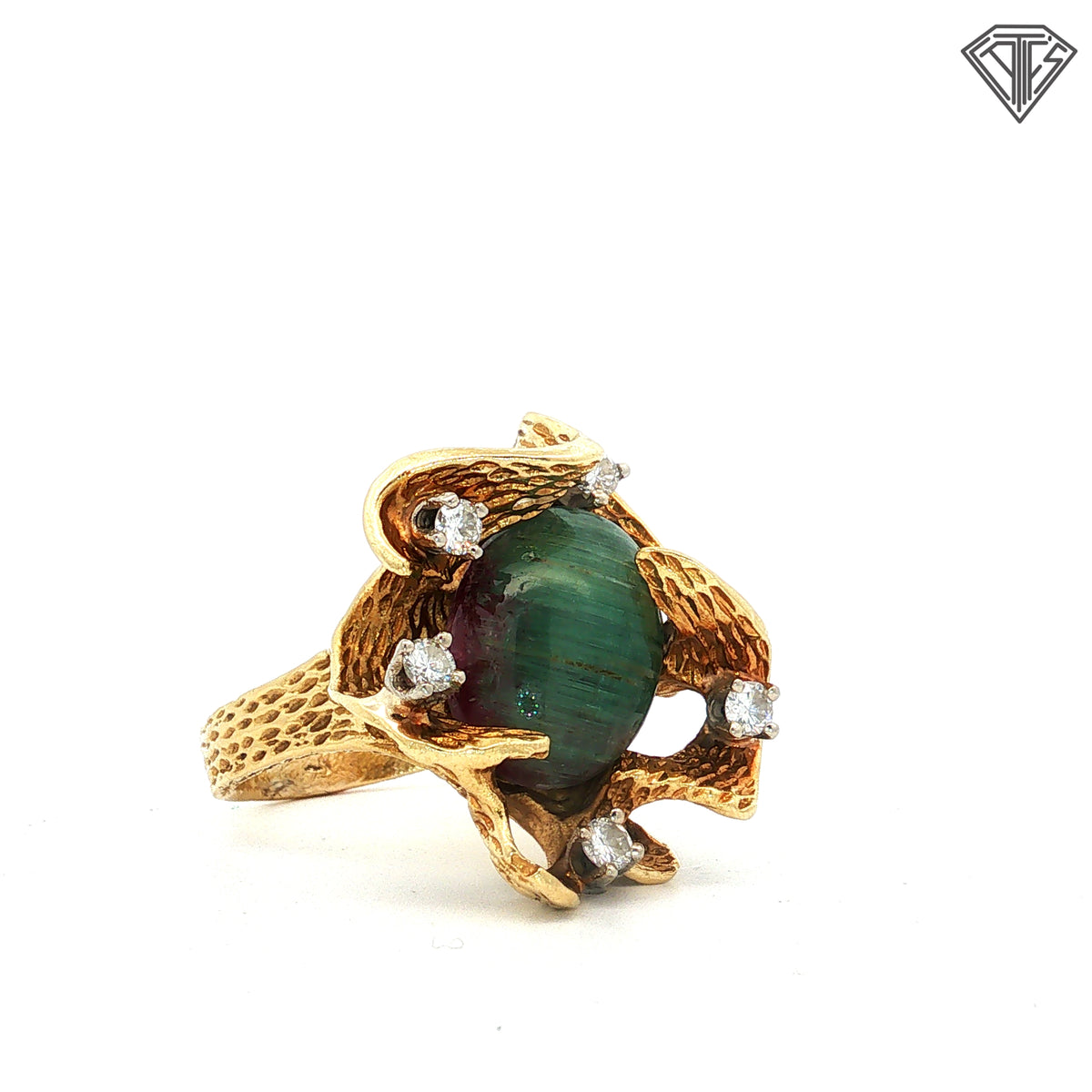 18k Yellow Gold 10.00ct Cats Eye Watermelon Tourmaline /.40ct G VS2 Round Diamond Vintage Ring Size 8 15.3 gram