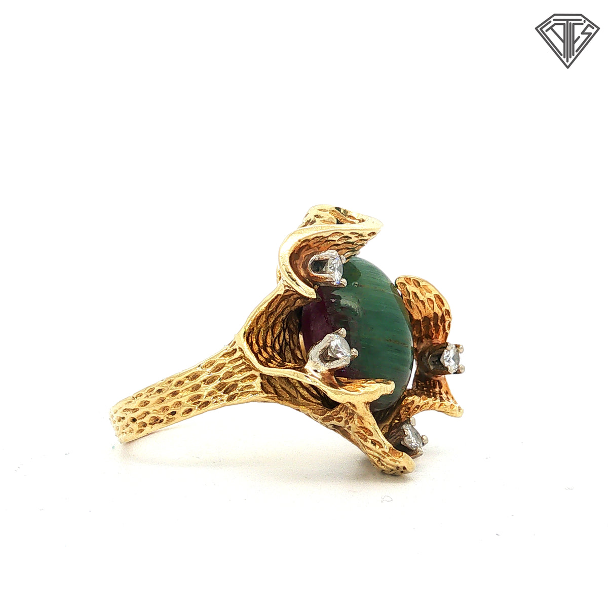 18k Yellow Gold 10.00ct Cats Eye Watermelon Tourmaline /.40ct G VS2 Round Diamond Vintage Ring Size 8 15.3 gram