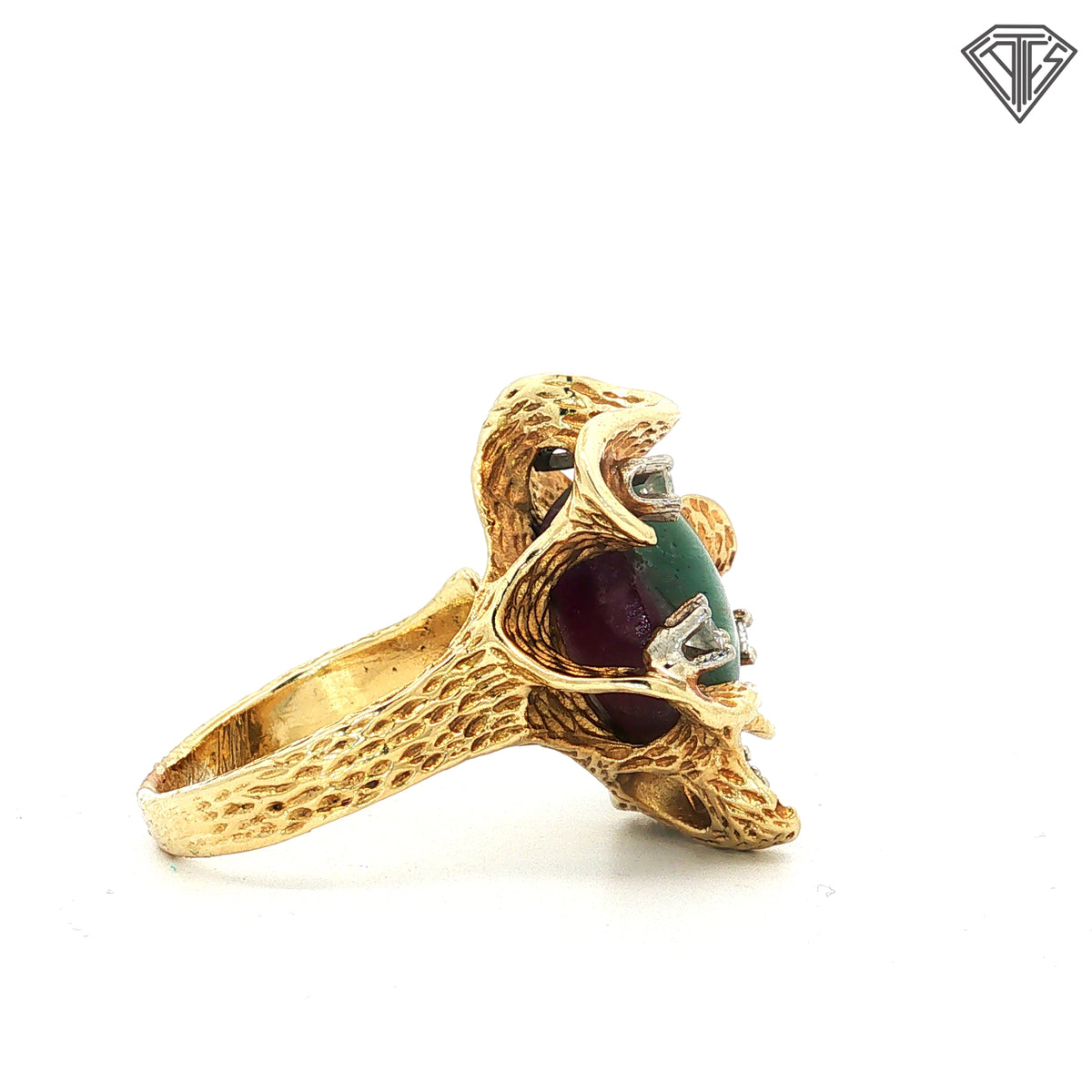 18k Yellow Gold 10.00ct Cats Eye Watermelon Tourmaline /.40ct G VS2 Round Diamond Vintage Ring Size 8 15.3 gram