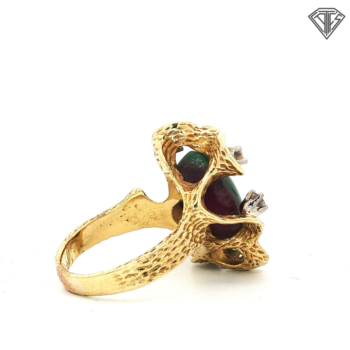 18k Yellow Gold 10.00ct Cats Eye Watermelon Tourmaline /.40ct G VS2 Round Diamond Vintage Ring Size 8 15.3 gram
