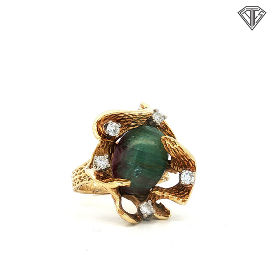 18k Yellow Gold 10.00ct Cats Eye Watermelon Tourmaline /.40ct G VS2 Round Diamond Vintage Ring Size 8 15.3 gram