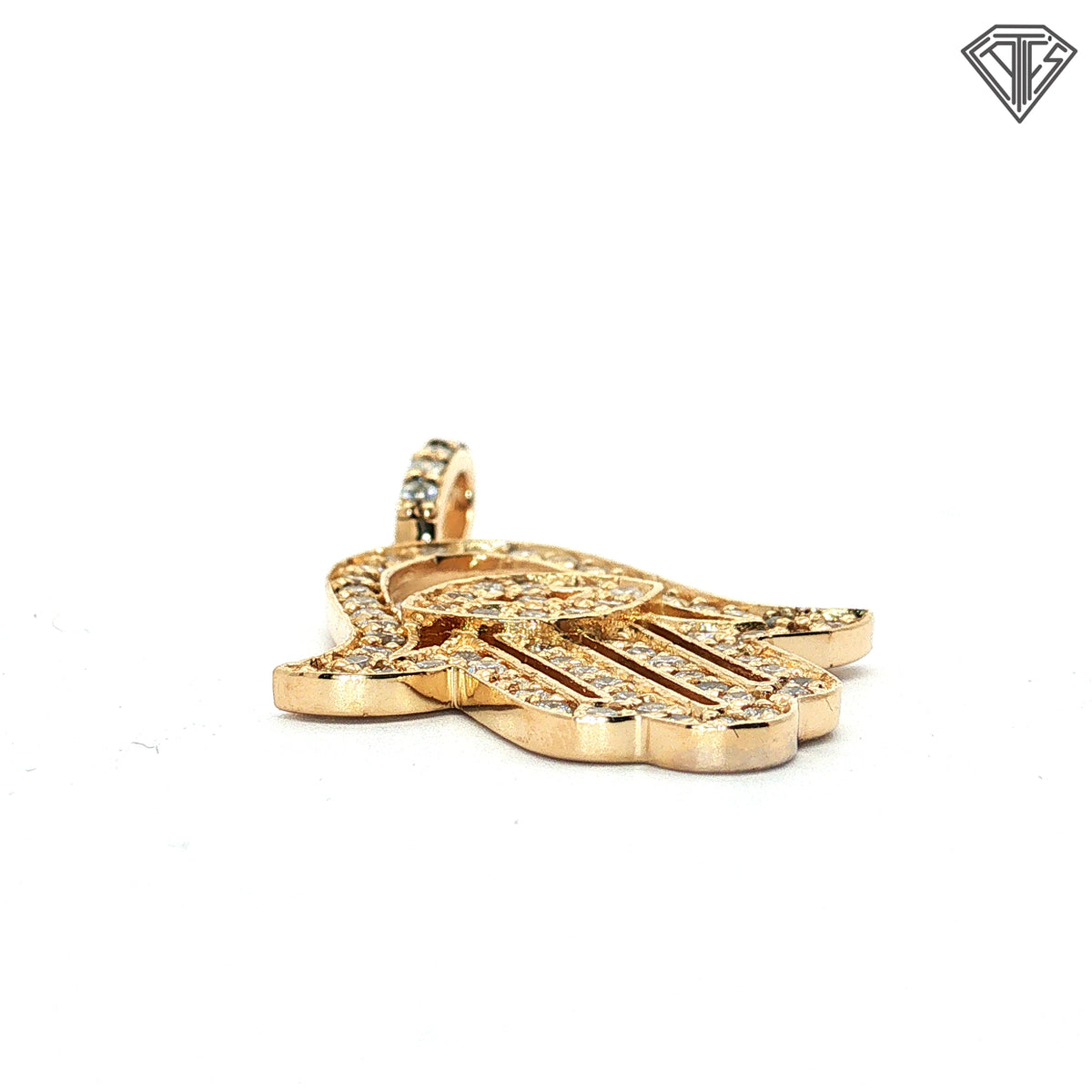 14k Yellow/ White Gold .75ct F VS1 Round Diamond Khamsa/ Evil Eye Unisex Pendant   1 1/4" x 3/4 "