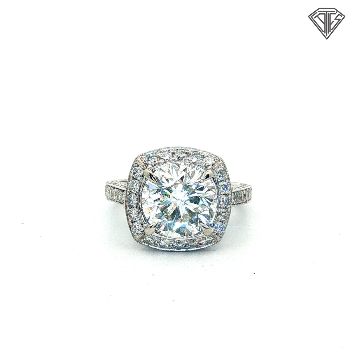 18k White Gold 3.07ct G SI2 Round Diamond / Halo Setting / Pave Diamond Melle / Along Side and Shank Total Diamond Weight  1.15ct G SI2 Round Diamond   Size  5.75   Certified By EGL USA #  US61446201
