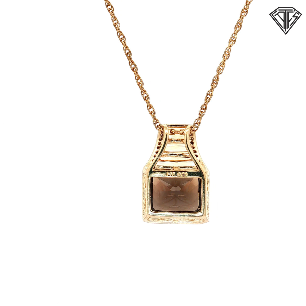 14k Yellow Gold 5.00ct Checker Board Cut Emerald Smokey Quartz / Banquette Citrine / Round Diamond Pendant  18"inch