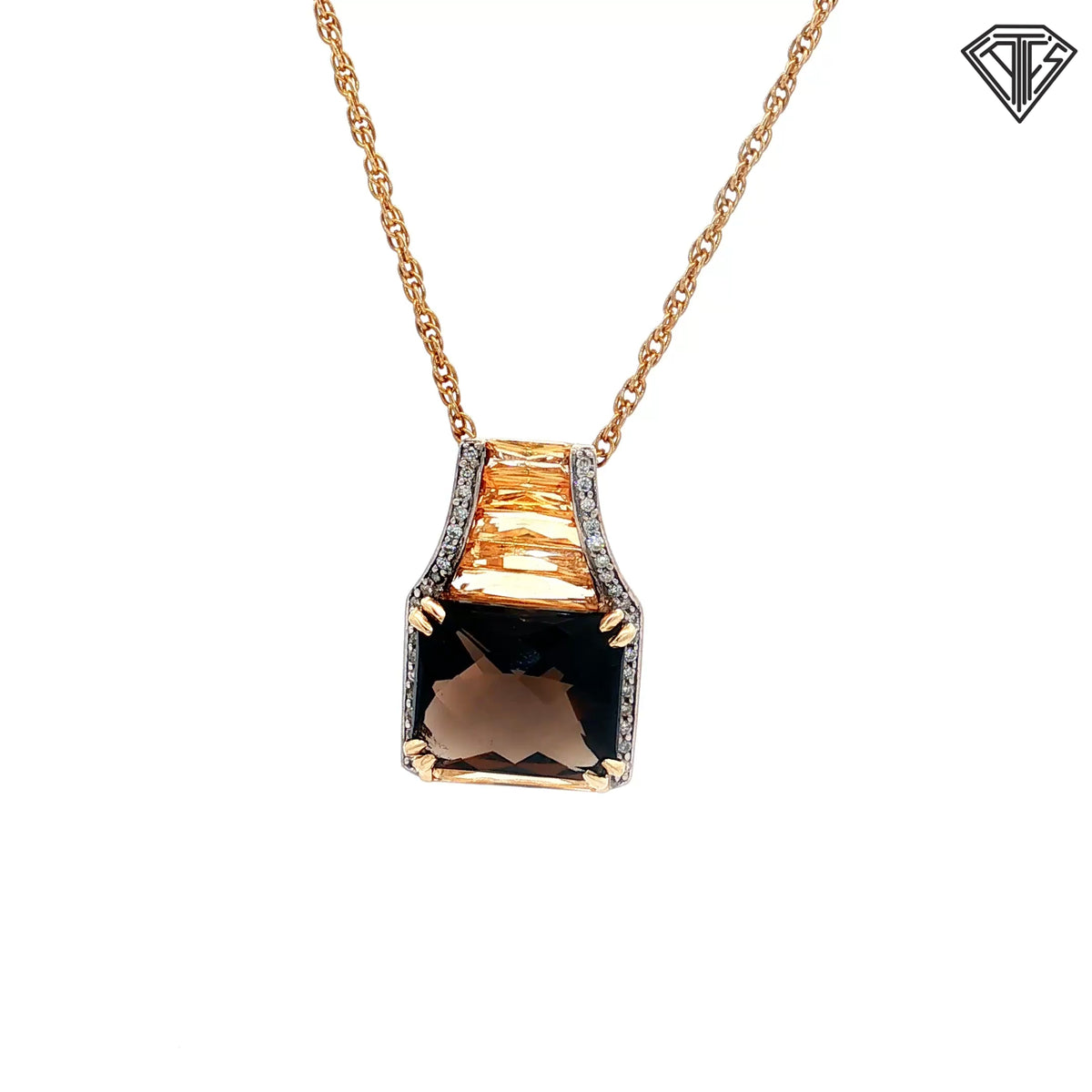 14k Yellow Gold 5.00ct Checker Board Cut Emerald Smokey Quartz / Banquette Citrine / Round Diamond Pendant  18"inch